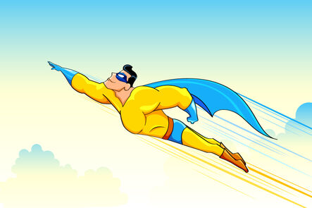 cartoon of a flying superhero with a yellow suit and blue cape