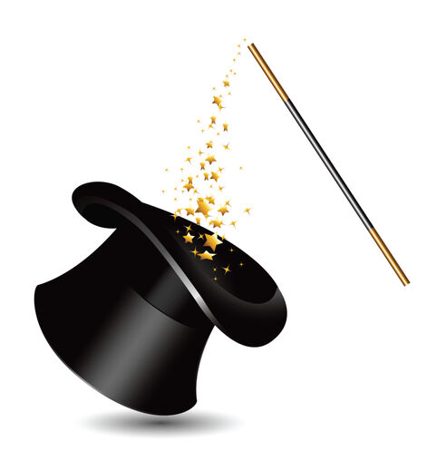 drawing of a magician's hat and magic wand with gold stars falling into the hat