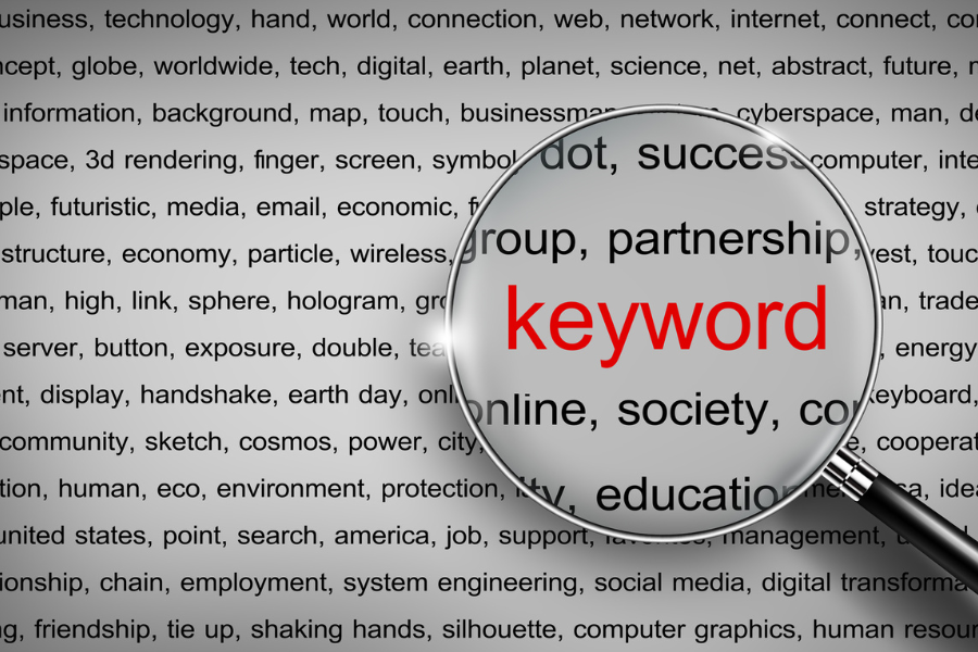 Magnifying glass zoom to KEYWORD in red for SEO.
