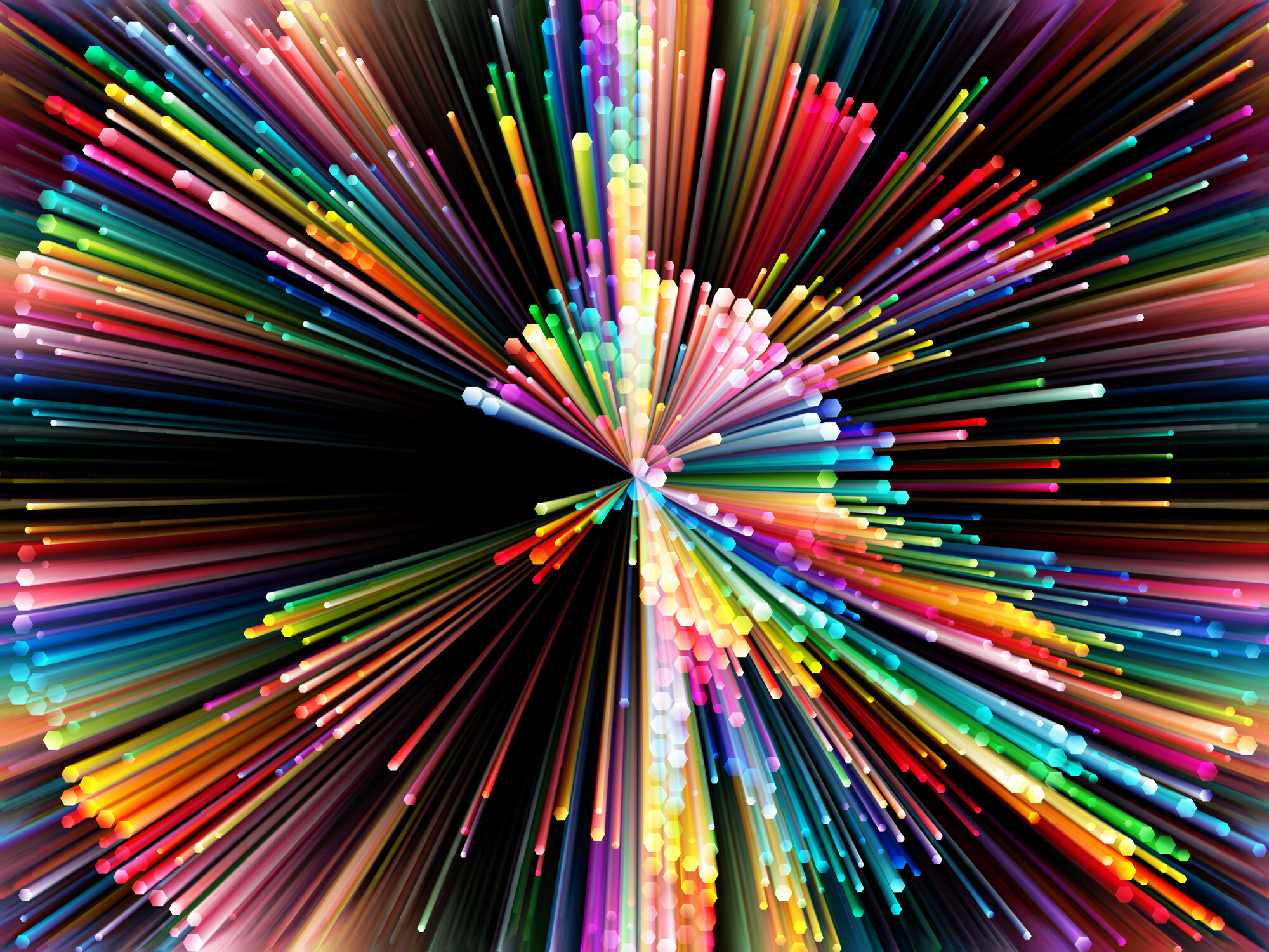 multi colored rods expanding from a center point against a black background
