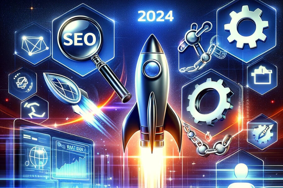 SEO technology for 2024 depicted with rocket, gears, and digital icons.
