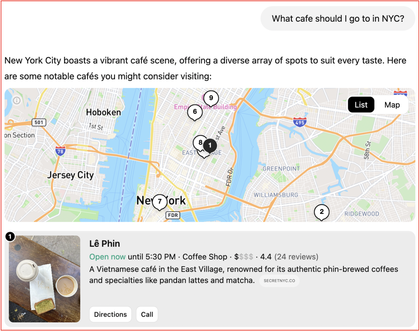 ai search results for cafe in nyc with map