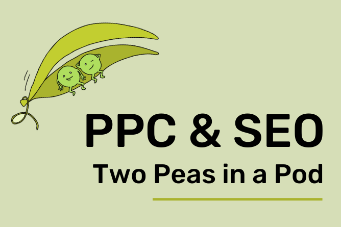 A graphic of two smiling peas in a pod with black text