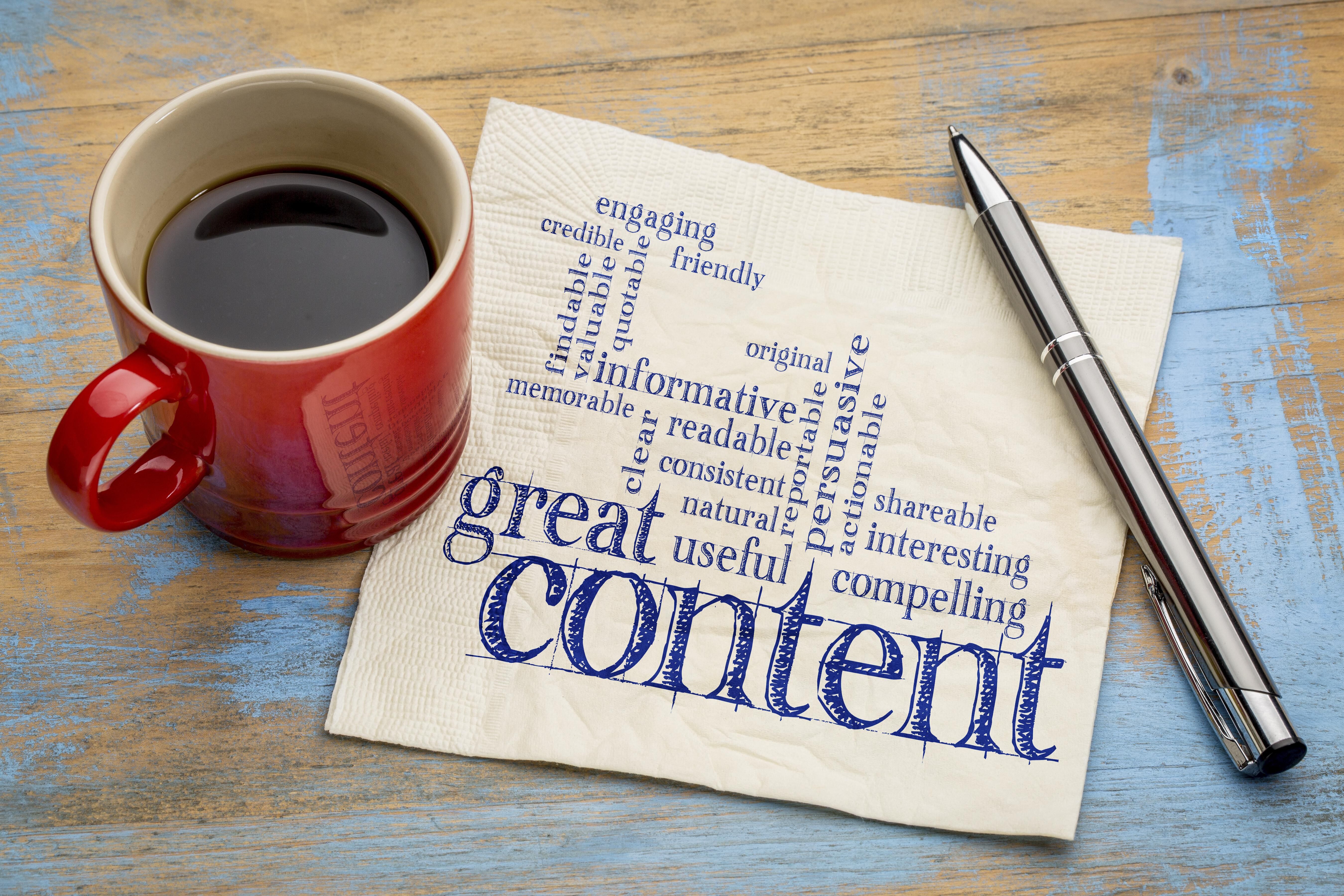 Cup of coffee next to a napkin with a word cloud emphasizing qualities of effective content, including 