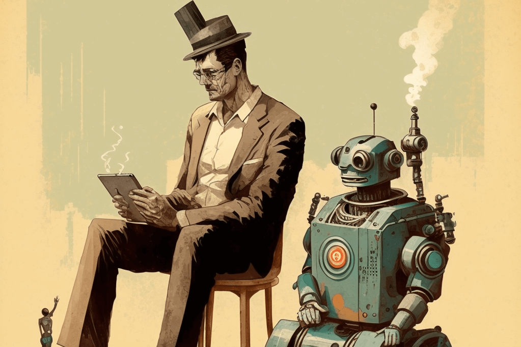 Illustration of a man and robot working together