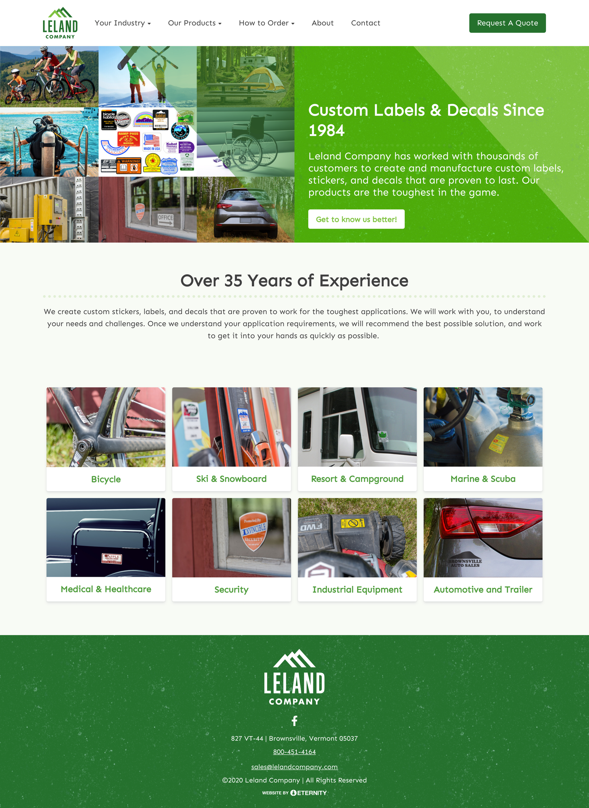 Website for Leland Company showcasing custom labels, decals, and stickers across various industries