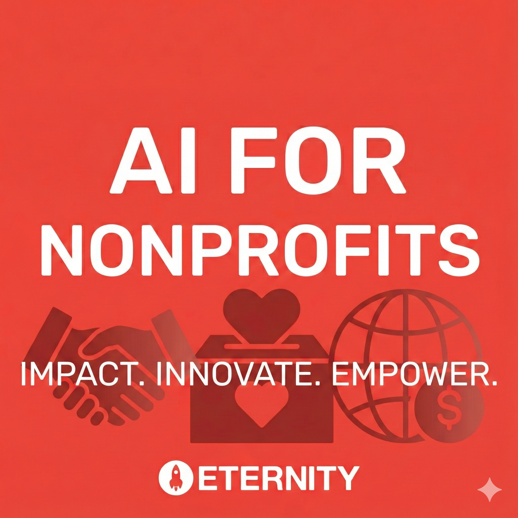 Text promoting AI for nonprofits with icons of teamwork, charity, and global impact