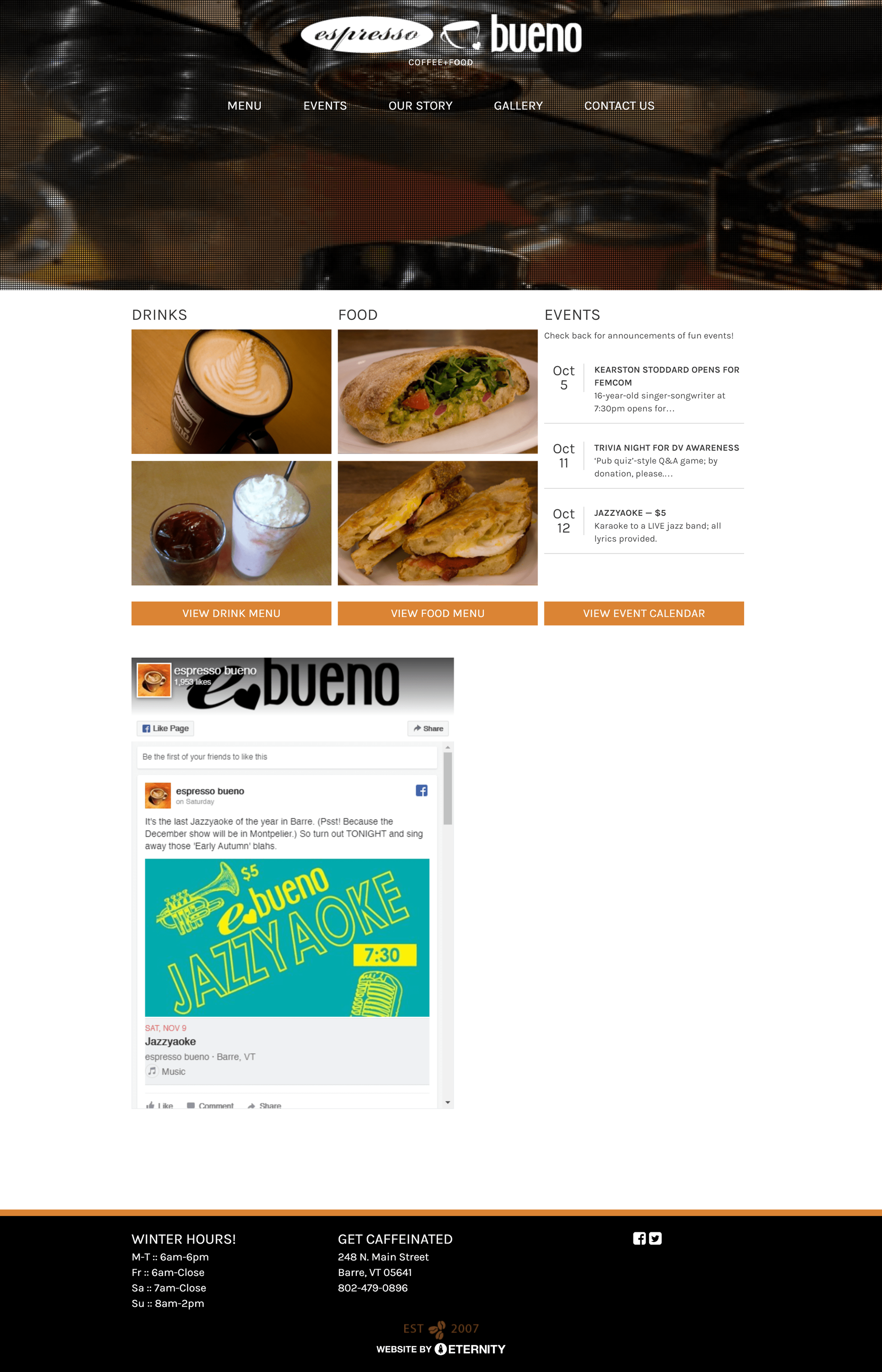 Coffee shop menu with drinks, food items, and event announcements