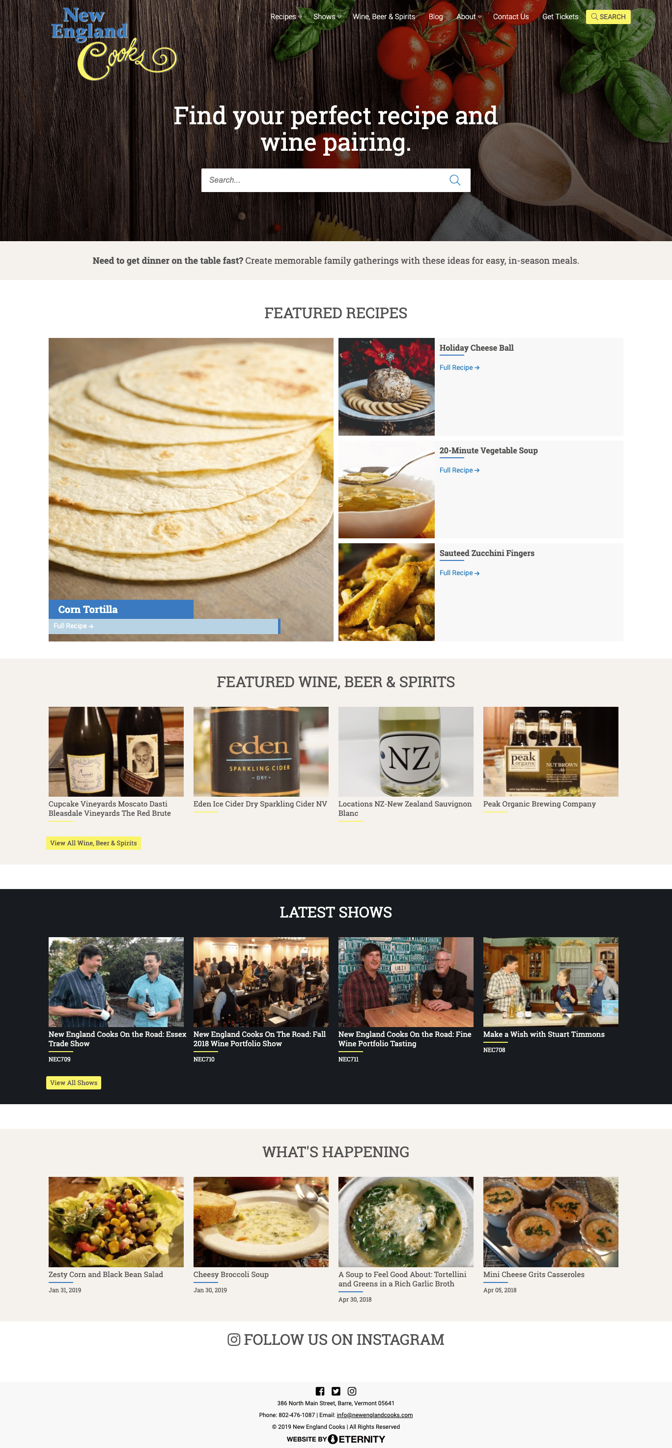 Recipe and wine pairing website interface with various dishes and drinks featured