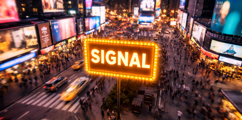 An aerial view of a busy city intersection at night with a glowing marquee sign reading "SIGNAL" standing out from the surrounding visual noise &mdash; representing how descriptive website copy cuts through to AI search systems.