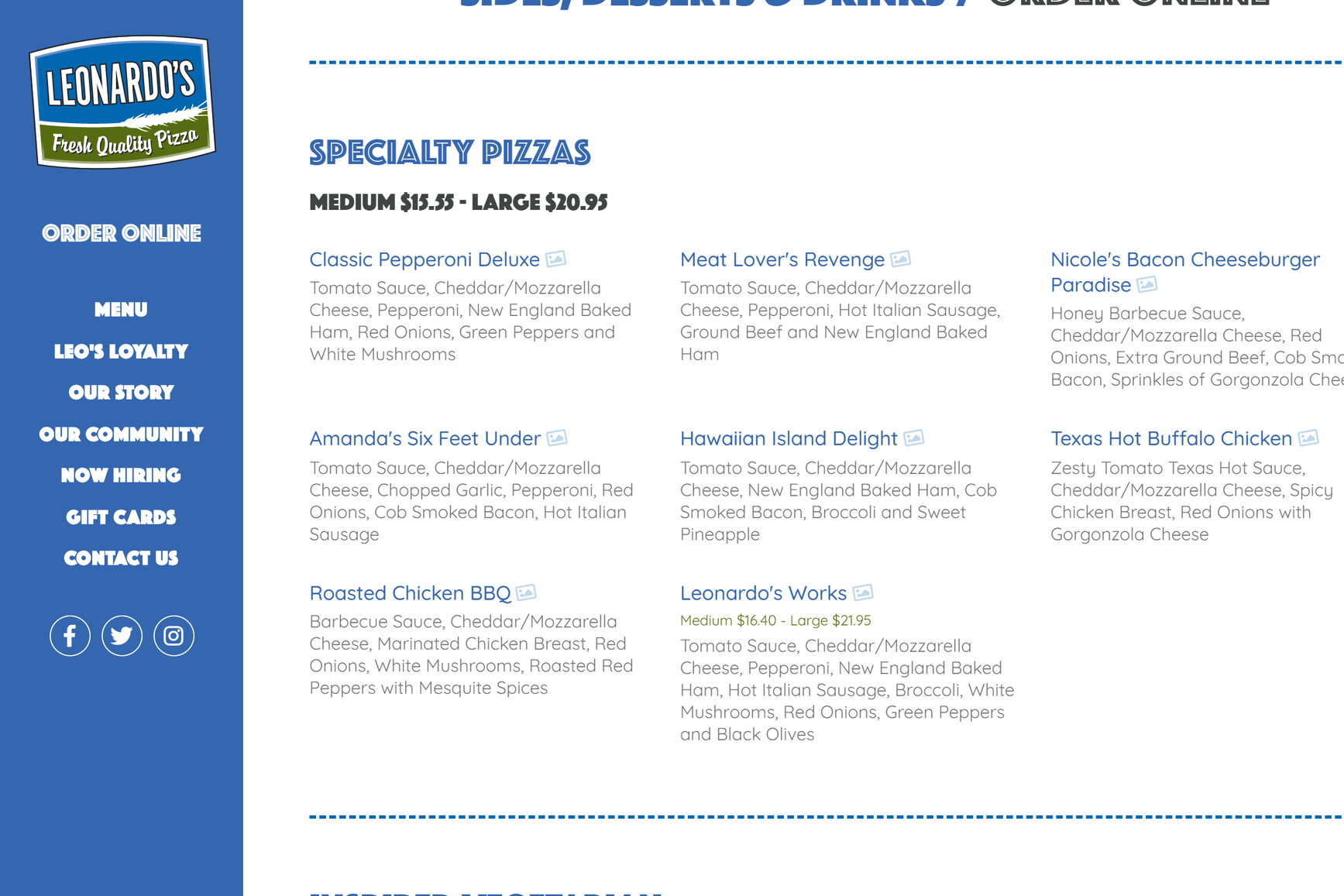 Menu of specialty pizzas with ingredients and prices for medium and large sizes.