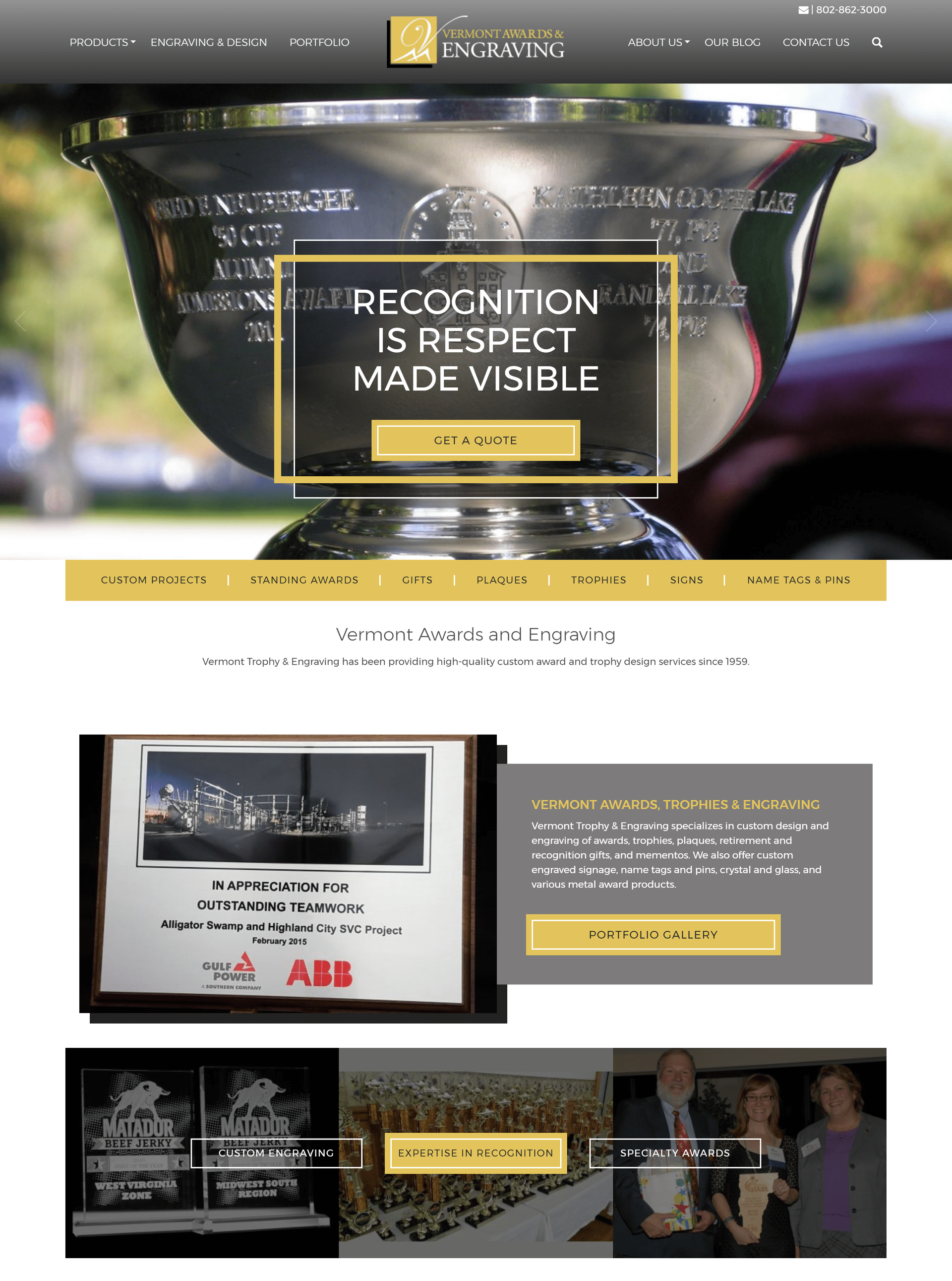 Homepage of Vermont Awards & Engraving showcasing trophies and custom designs