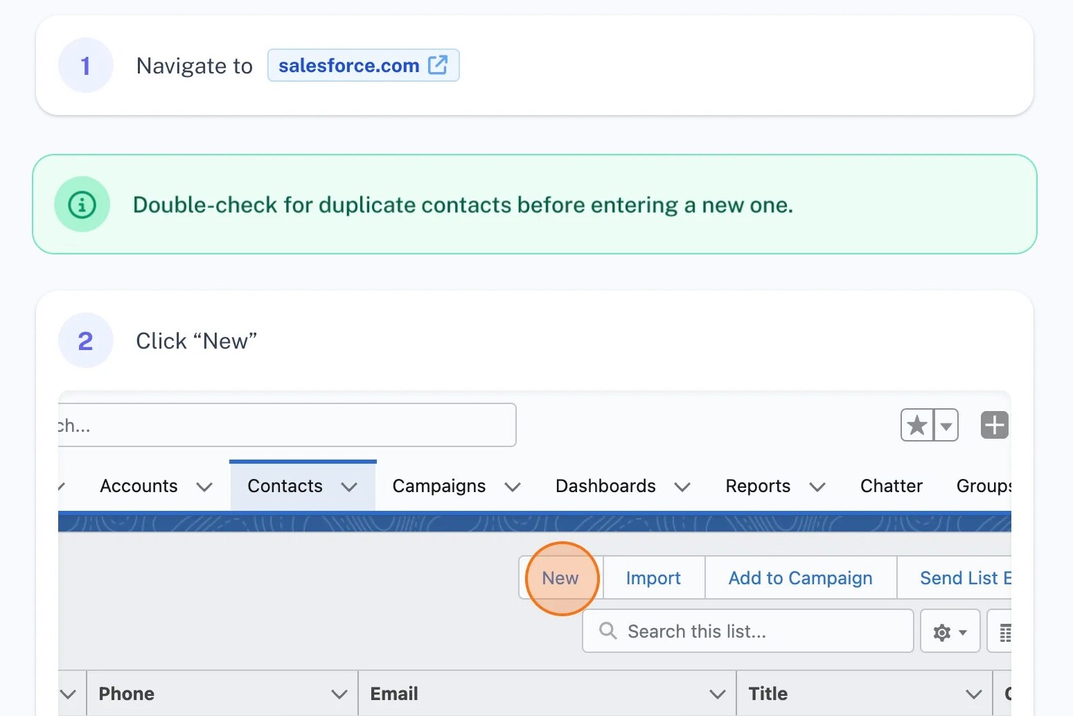 Instructions for adding a new contact in Salesforce, highlighting a "New" button.