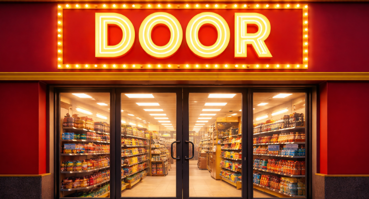 A brightly lit storefront entrance with a marquee sign that reads "DOOR" instead of the business name &mdash; a visual metaphor for button labels that describe the action but tell visitors nothing about what's inside.