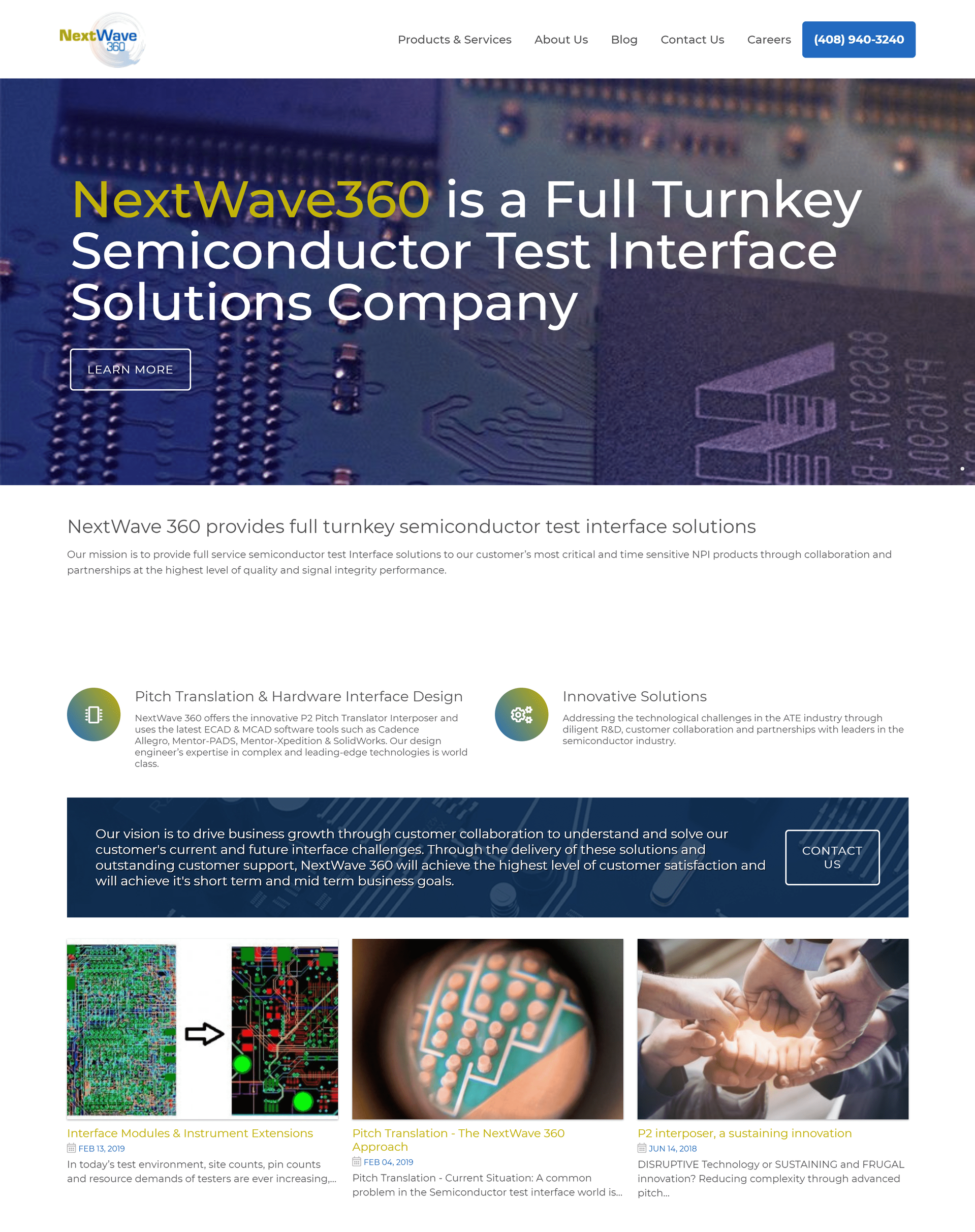 NextWave360 website showcasing semiconductor test interface solutions and services