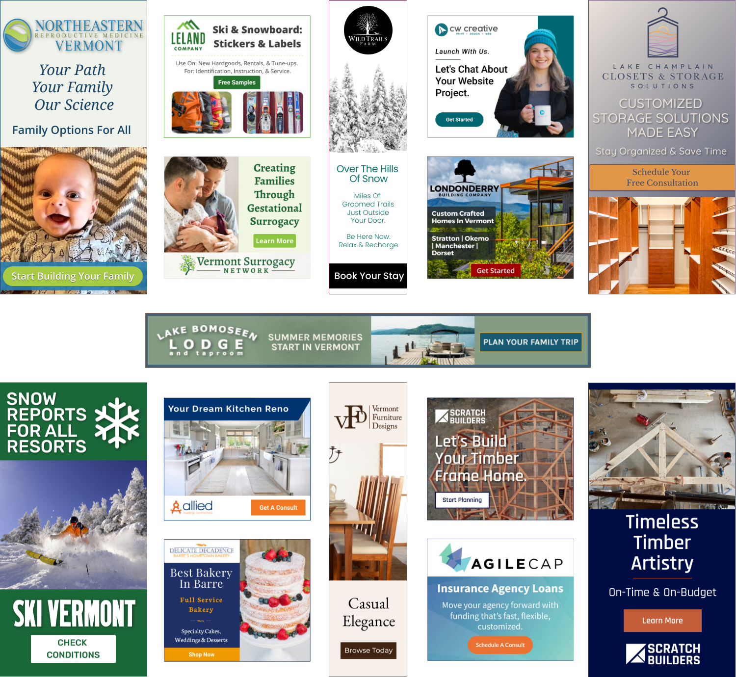 Collage of Vermont business advertisements for family, recreation, and home services