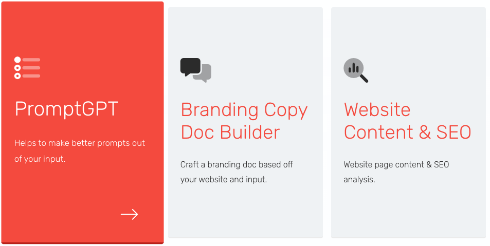 Interface showcasing PromptGPT and tools for branding and SEO content creation.