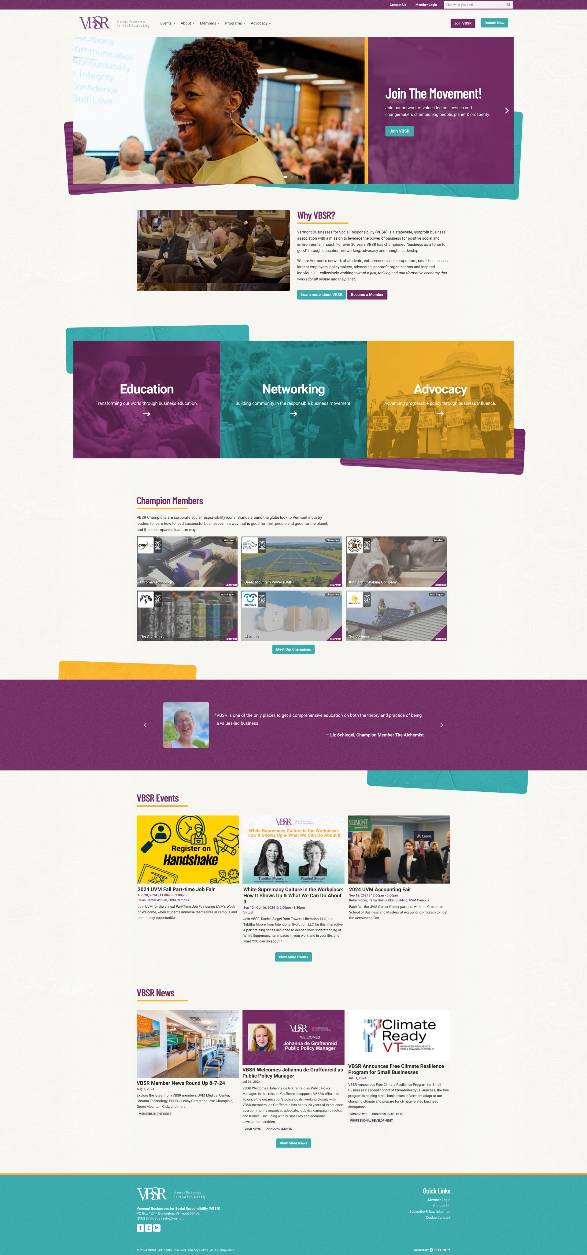 VBSR webpage showcasing events, education, networking, and advocacy for social responsibility.