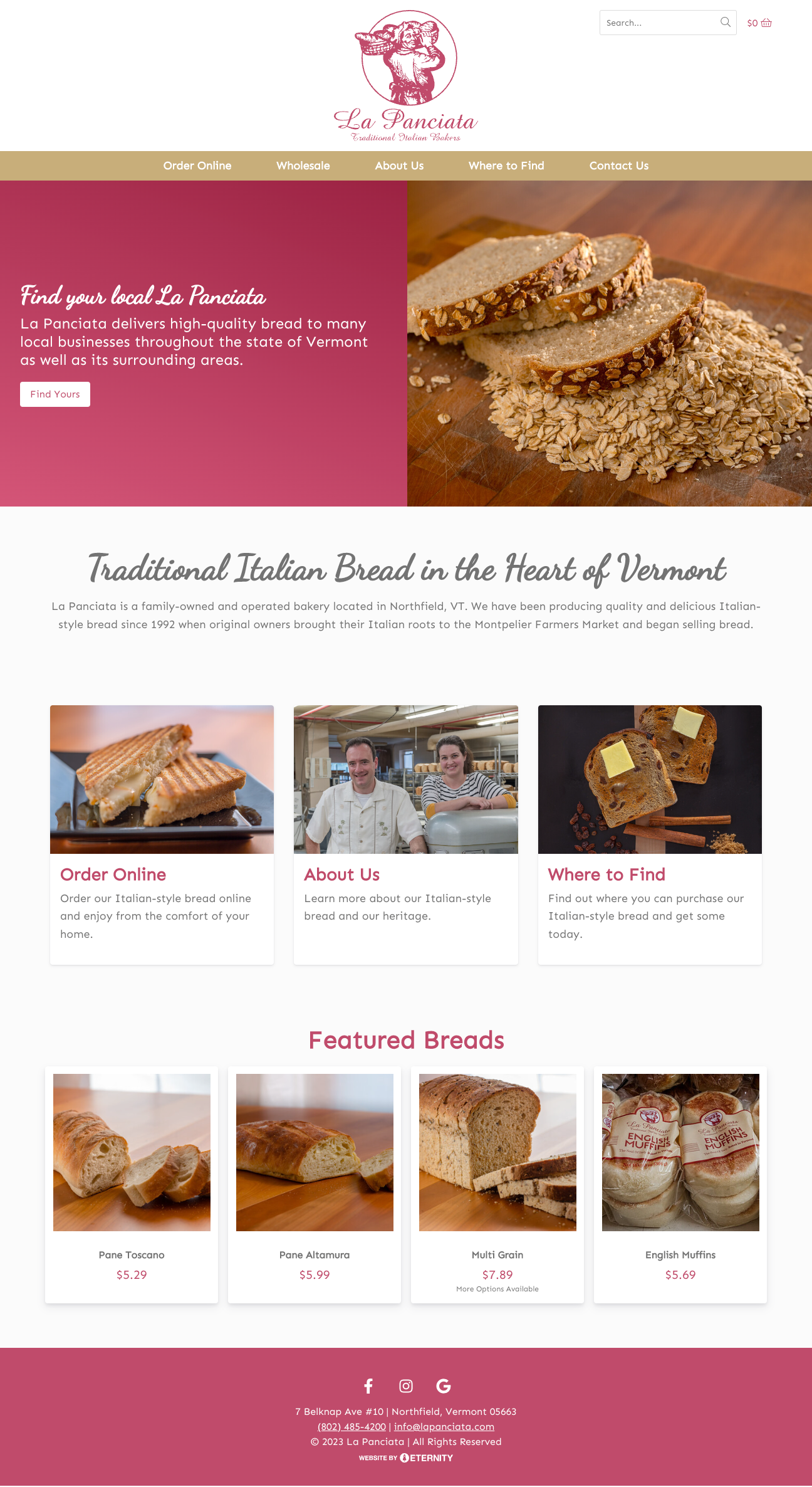 Website homepage for La Panciata featuring Italian bread products