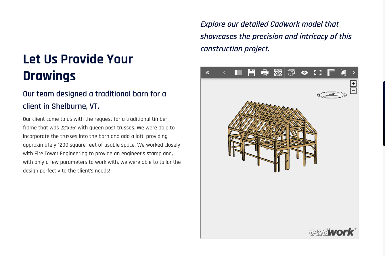 3D model of a traditional timber barn design with queen post trusses and a loft.