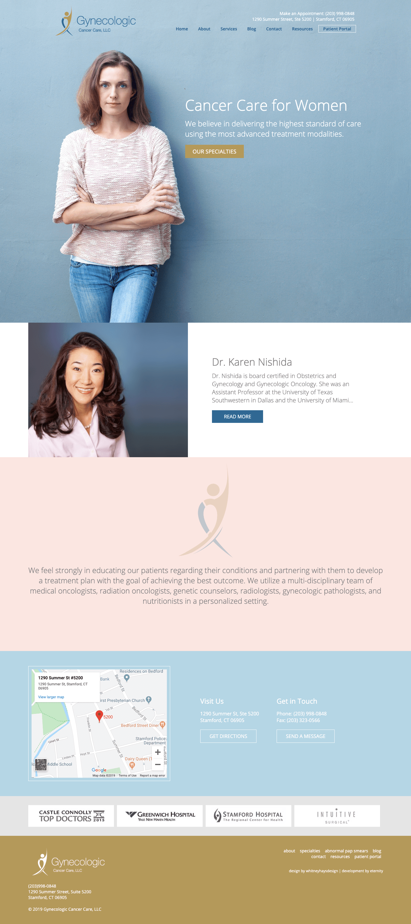 Website for a gynecologic cancer care clinic featuring patient education and services.