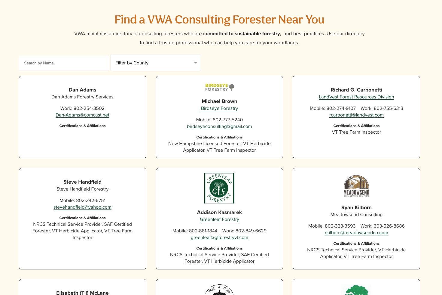 Directory of Vermont consulting foresters with contact details and certifications listed.