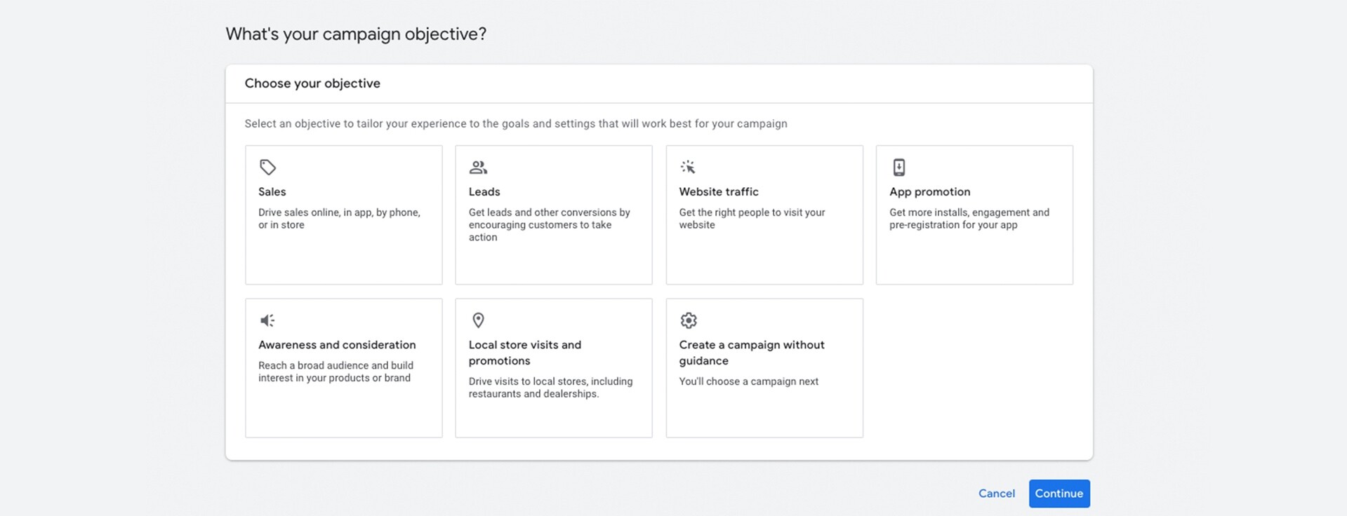 Screen showing options to choose a campaign objective for advertising.
