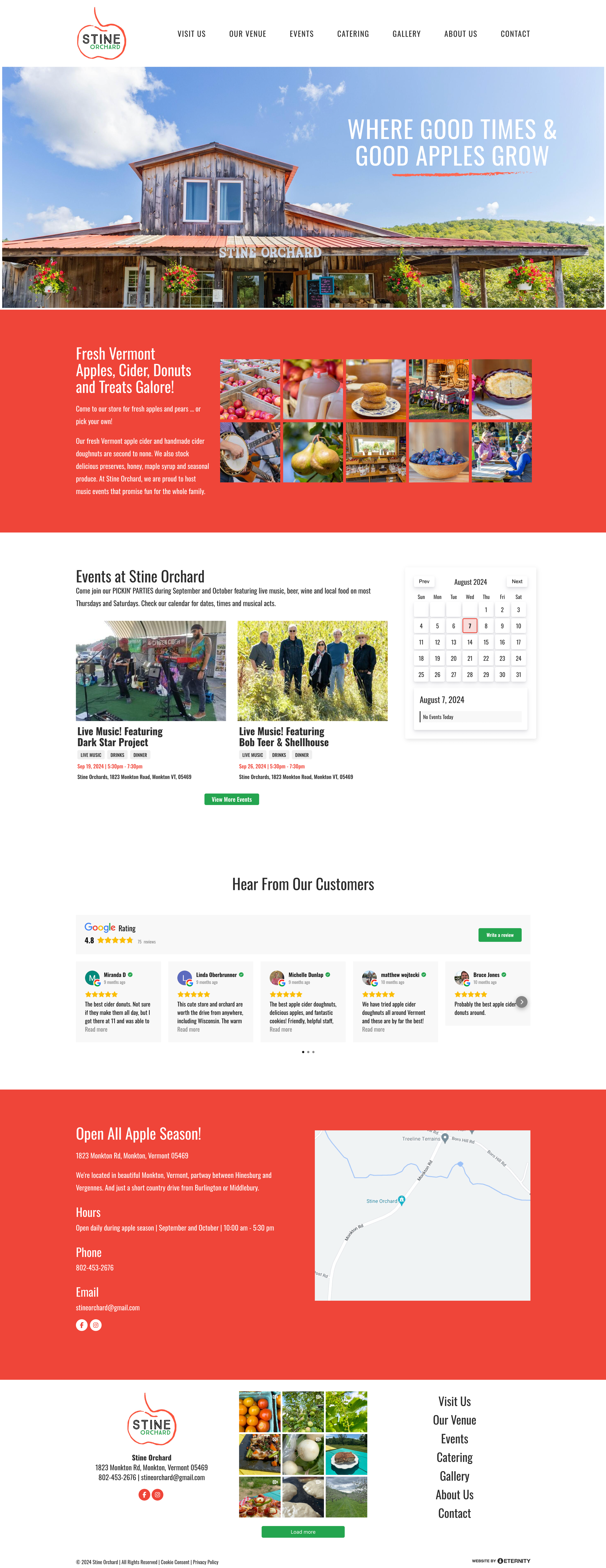 Stine Orchard website featuring Vermont apples, cider, events, and customer reviews.