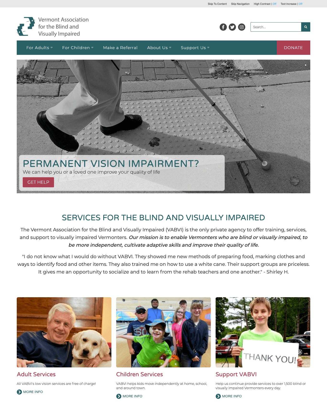 Vermont Association for the Blind and Visually Impaired website with support services listed.