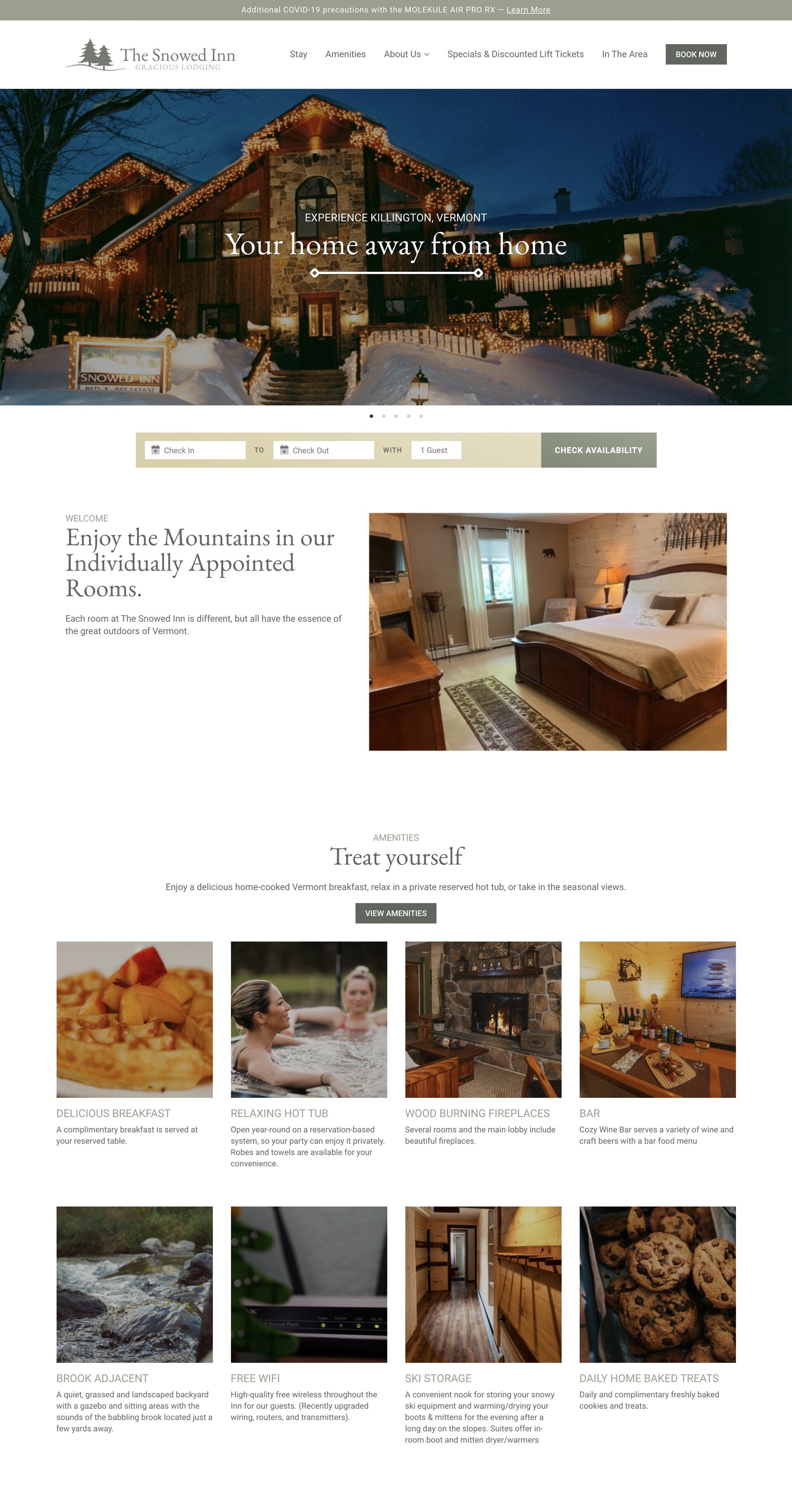 Website for The Snowed Inn with lodging details and various amenities offered