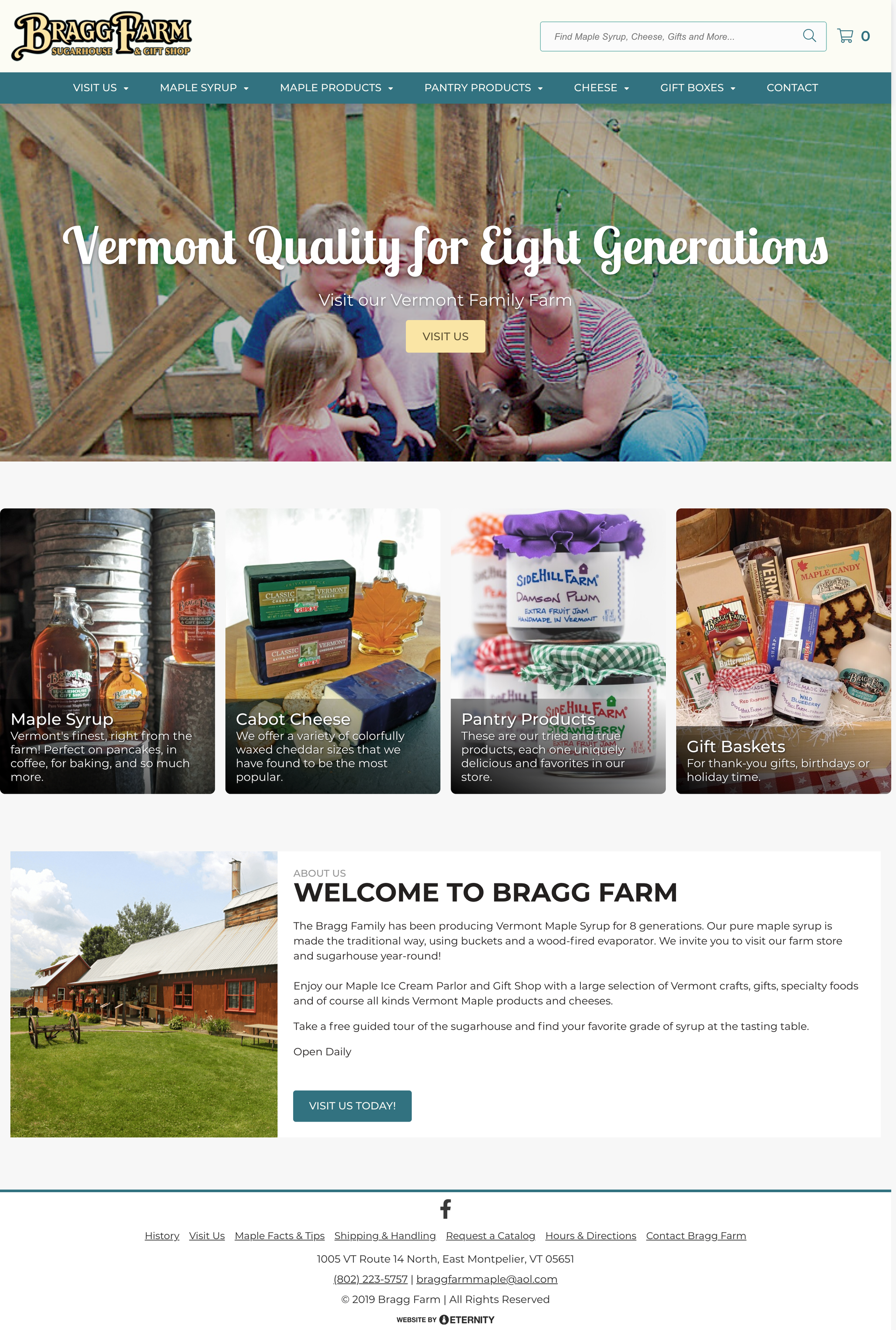 Family enjoying outdoor activities at Bragg Farm with animals and farm products displayed