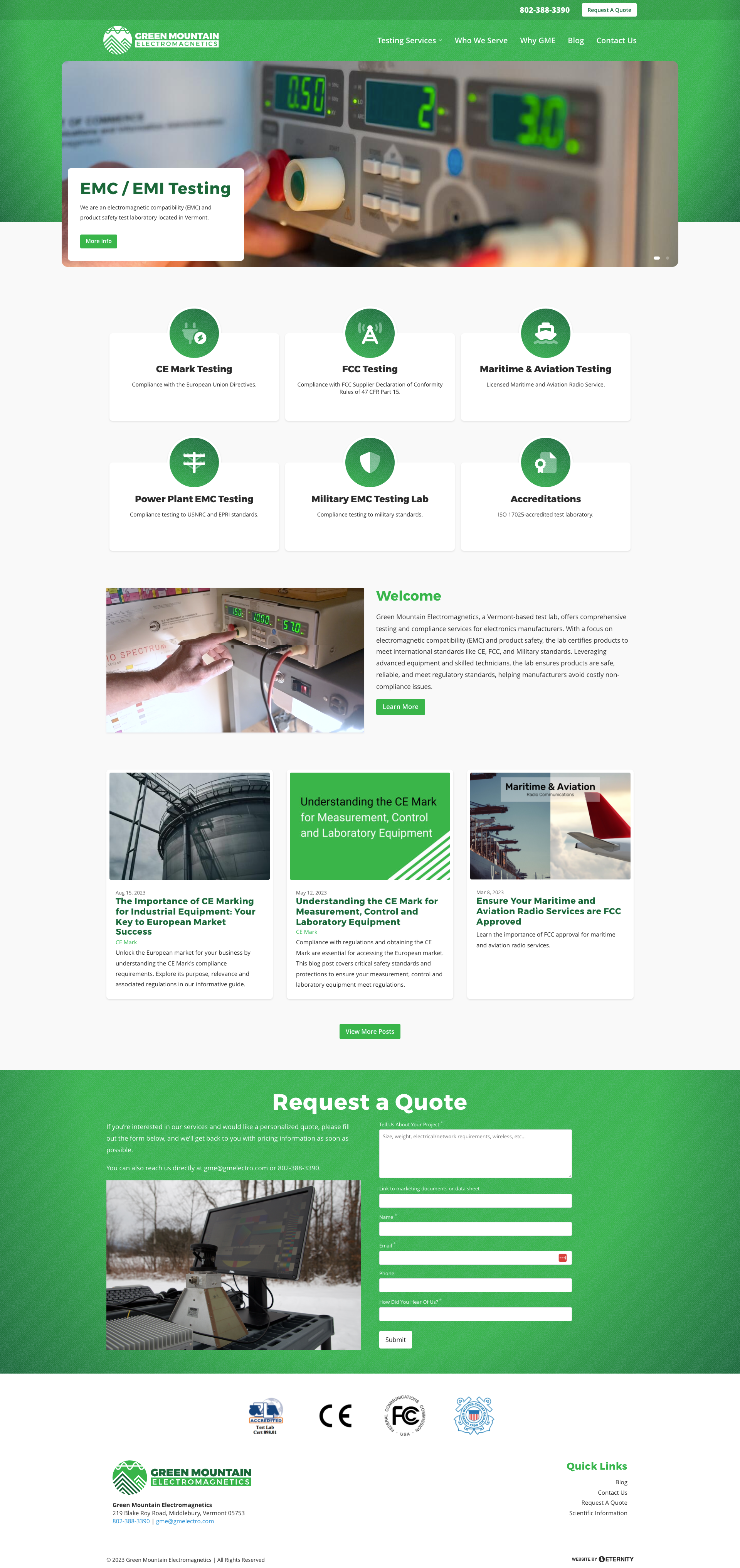 Homepage of Green Mountain Electromagnetics showcasing EMC/EMI testing services.
