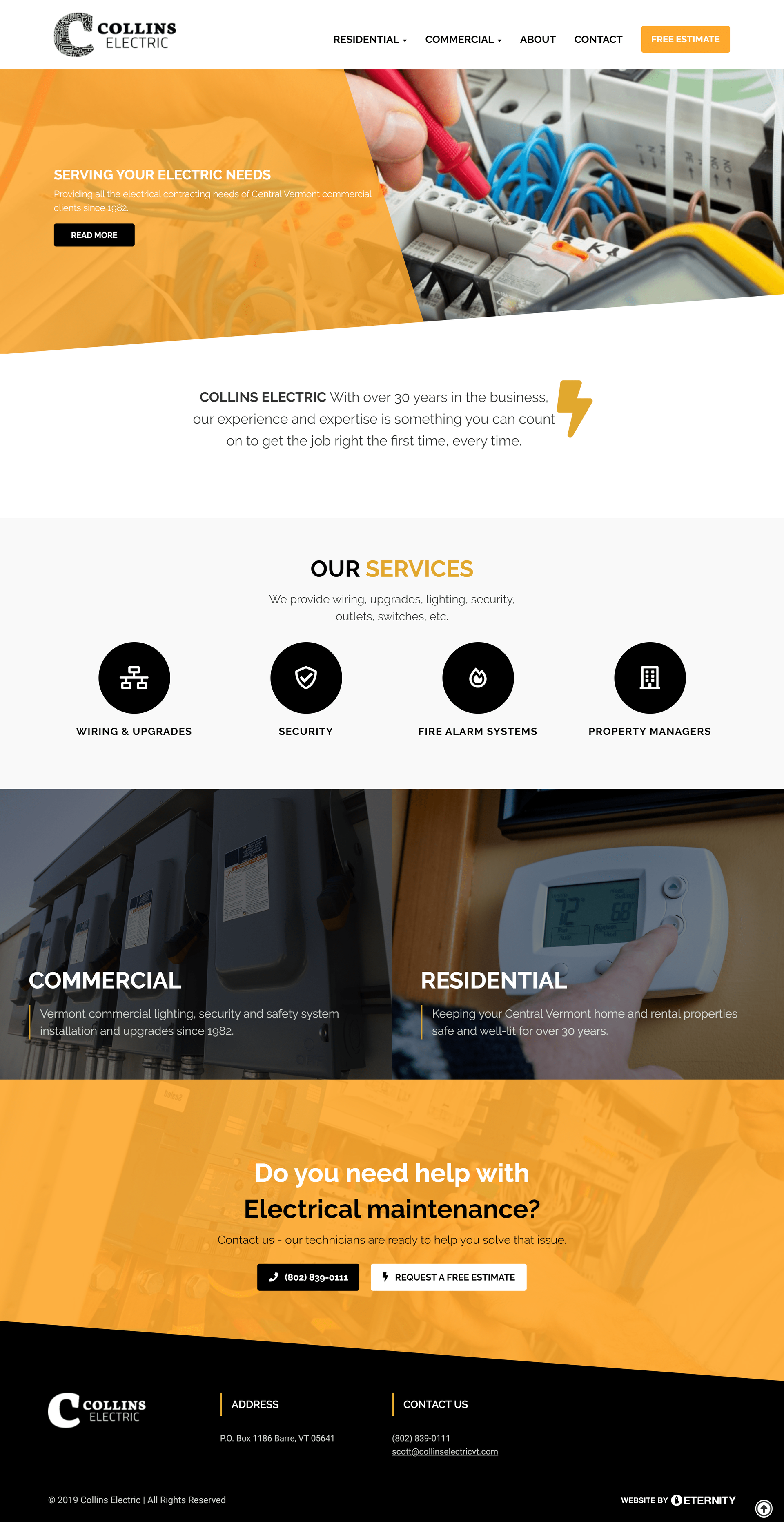 Homepage of Collins Electric showcasing services and electrical expertise.