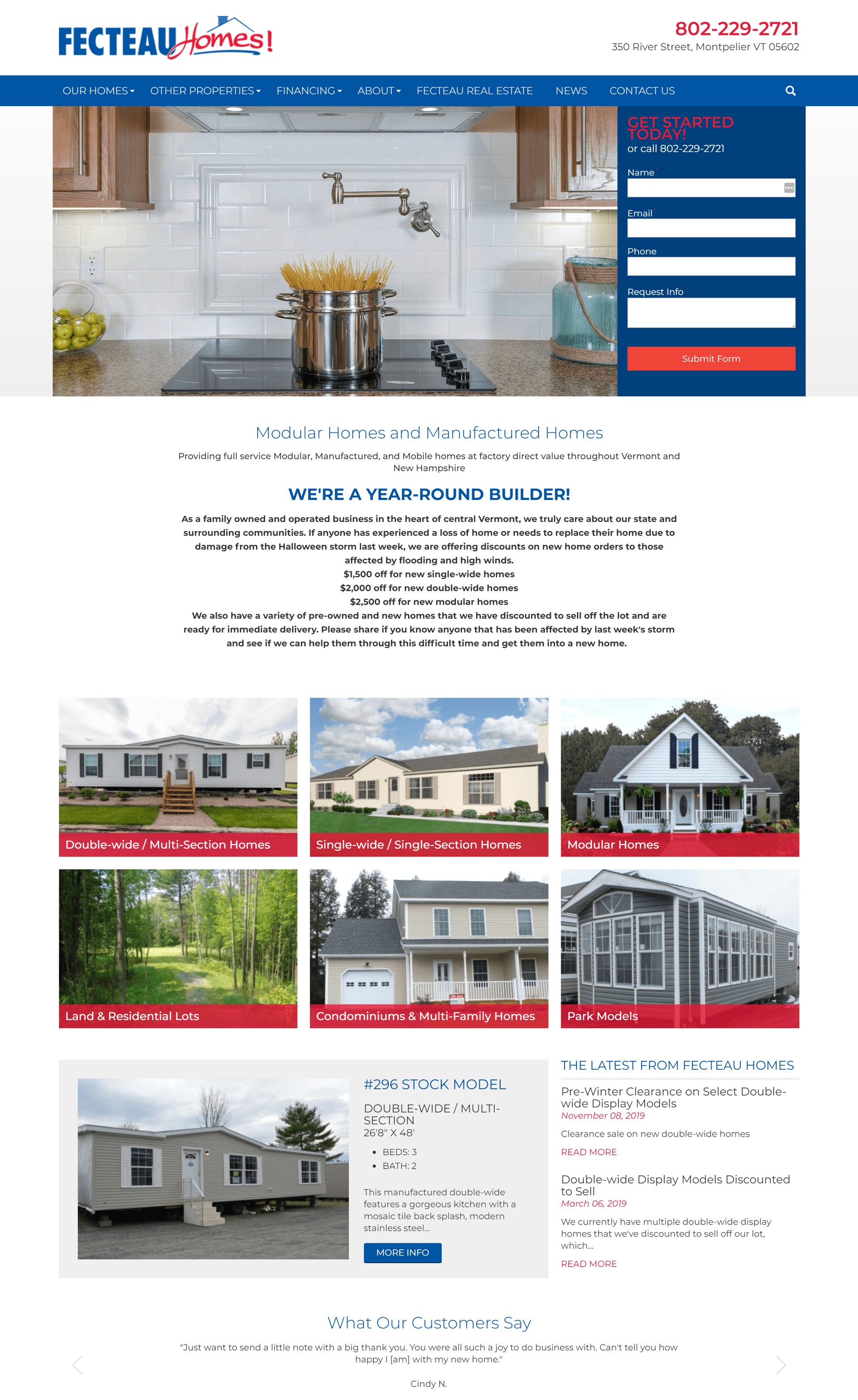 Website for Fecteau Homes promoting modular and manufactured homes for sale