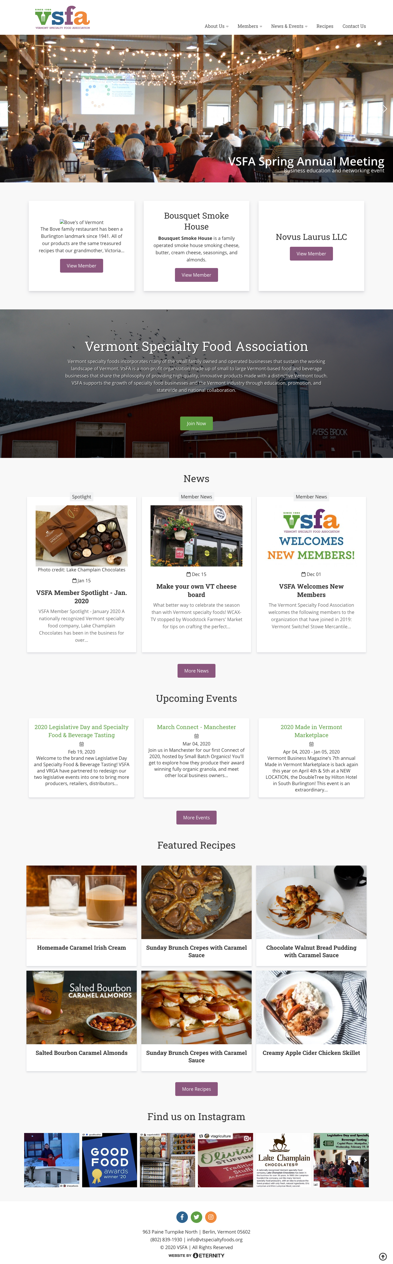 Vermont Specialty Food Association website with meeting, news, events, and recipes sections