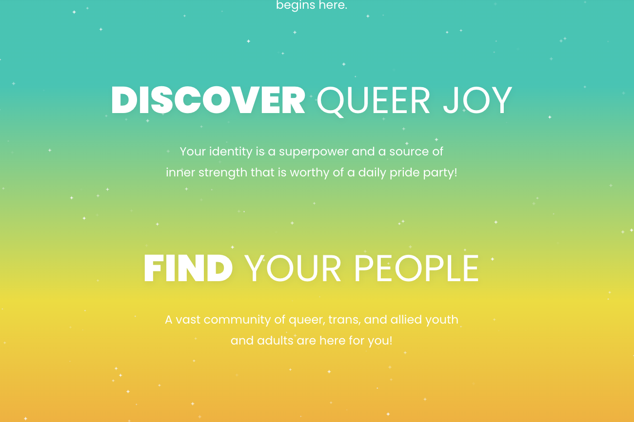 Text promoting queer identity and community support with vibrant gradient background.