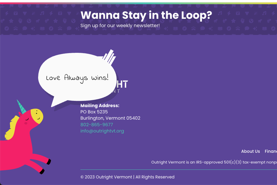 Colorful flyer encouraging sign-ups for a newsletter, featuring a unicorn and the message, "Love always wins!"