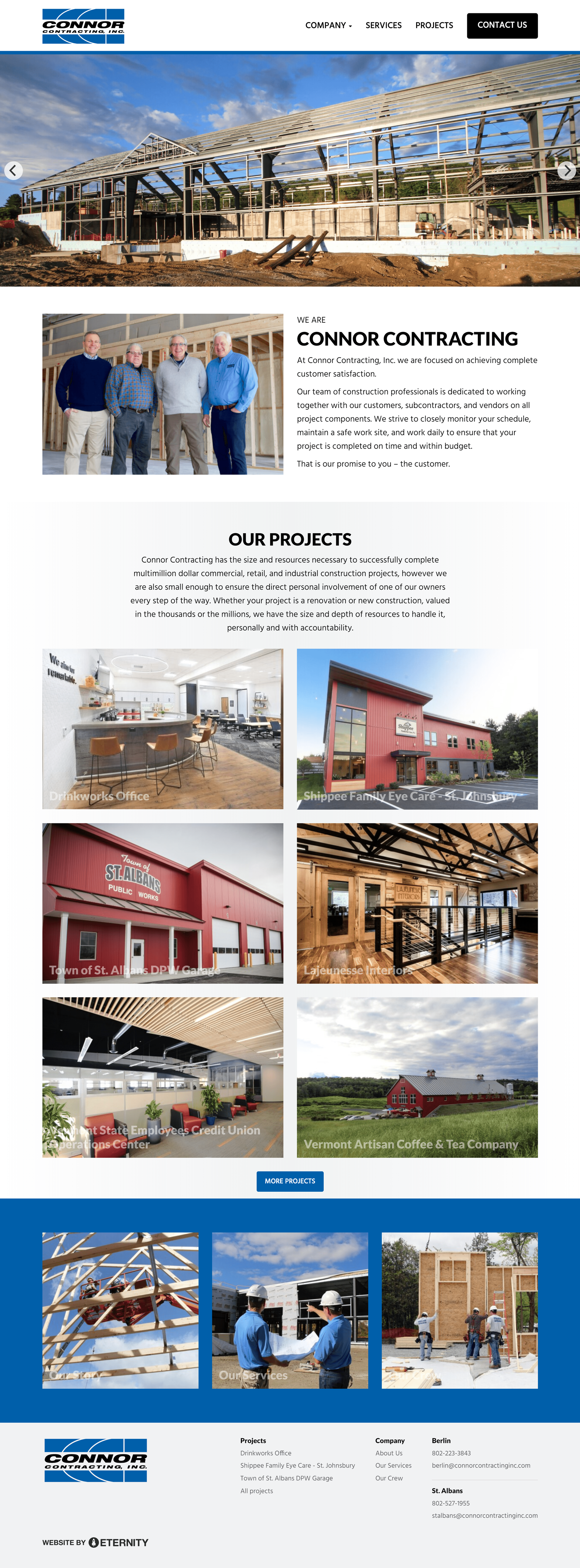 Website homepage for Connor Contracting showcasing team and projects