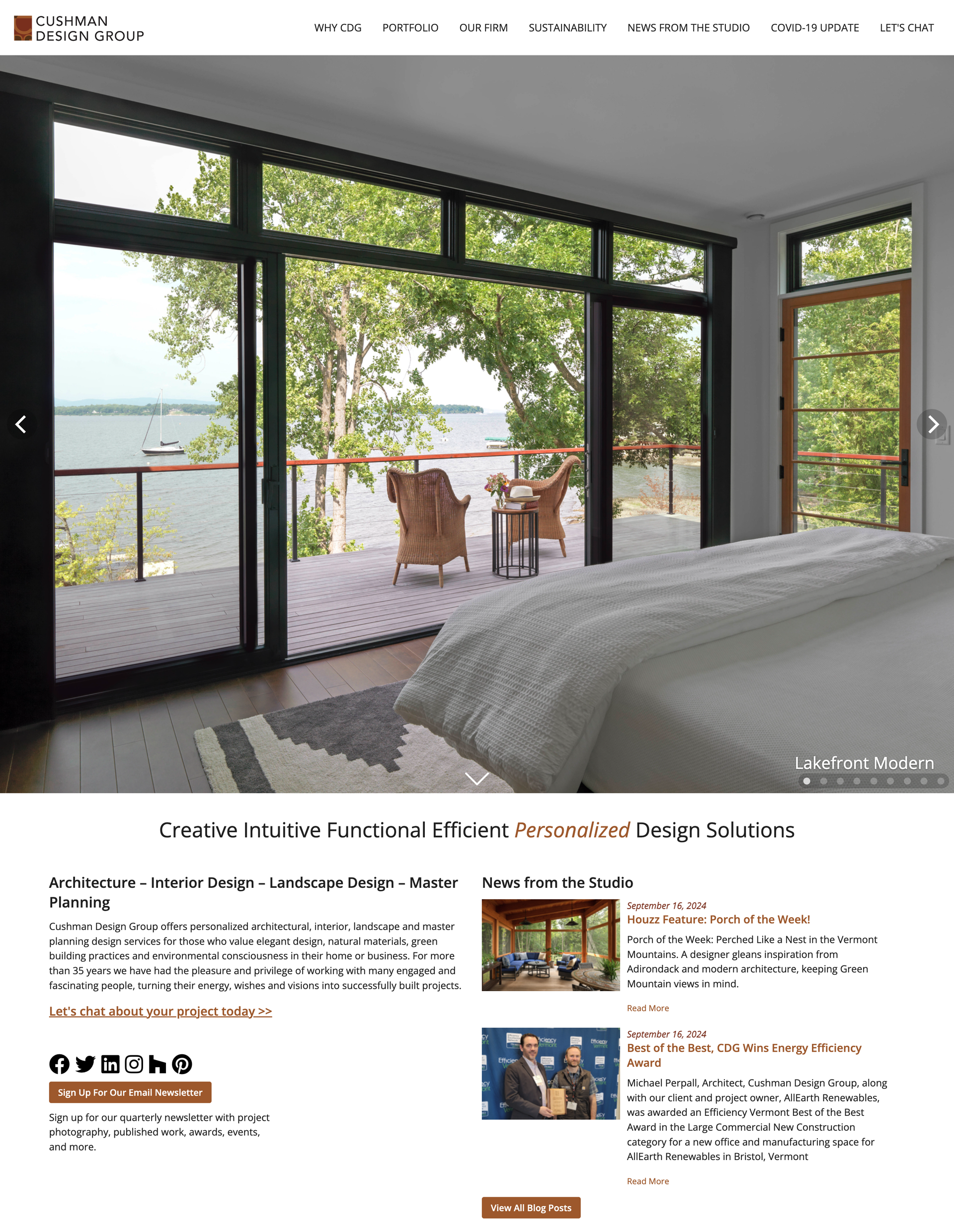 Modern interior with lake view, featuring stylish furniture and large windows