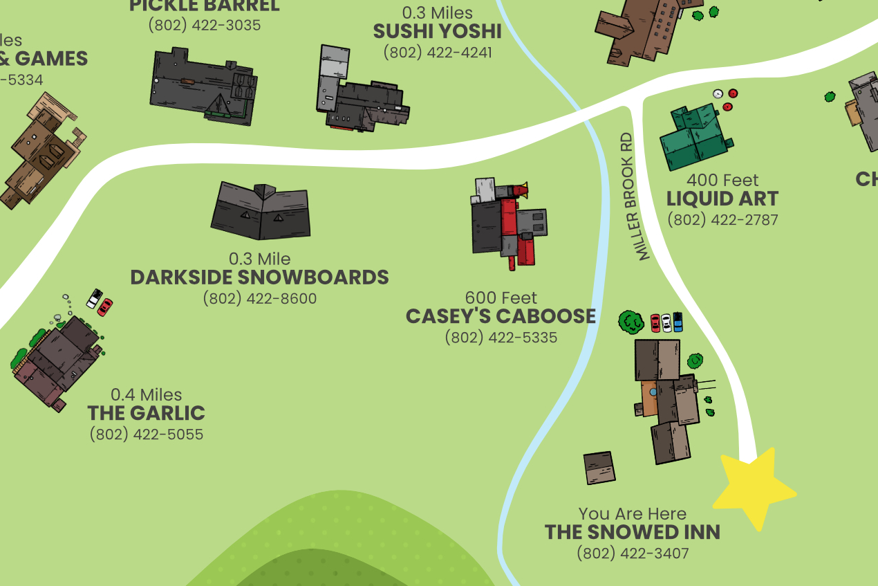 Map showing local businesses and "You Are Here" marker for The Snowed Inn.