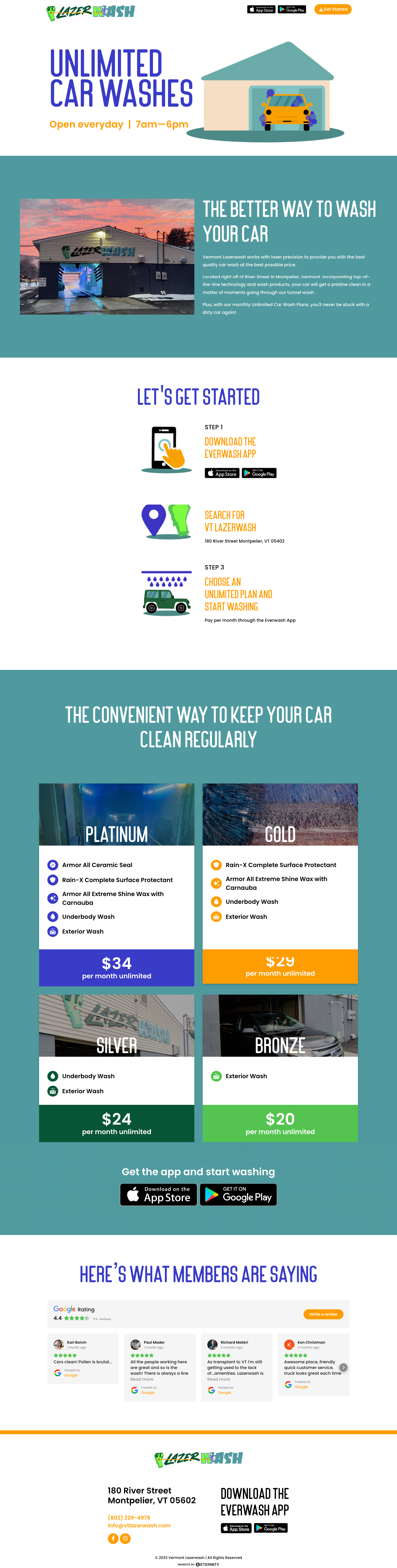 Unlimited car wash options and pricing details with customer reviews and app download info