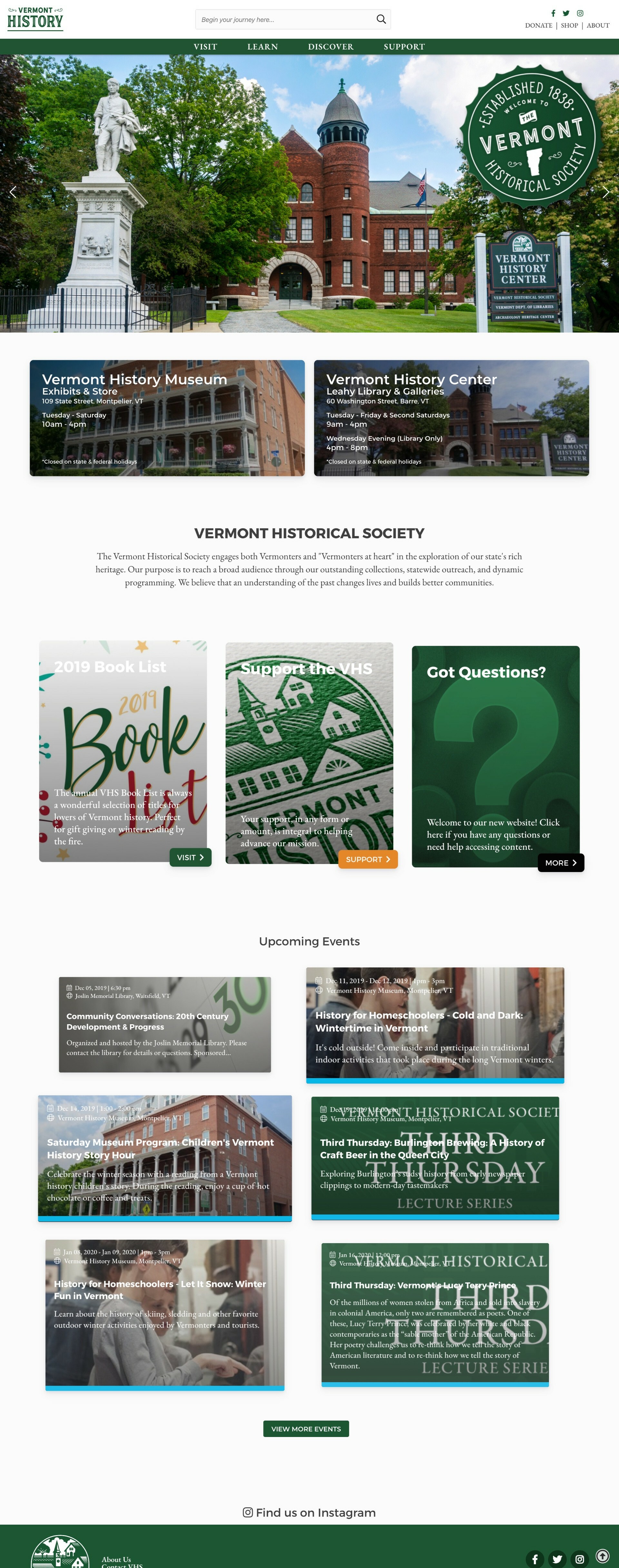 Homepage of the Vermont Historical Society featuring events, resources, and a historic building.