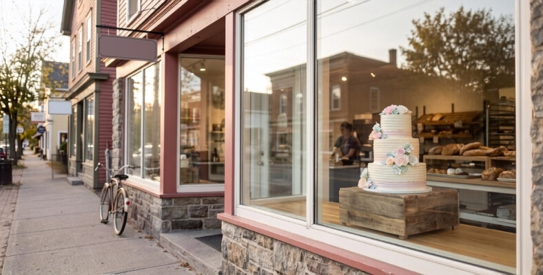 A bakery storefront window displays a three-tier birthday cake with fresh bread visible inside.
