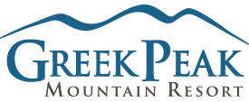 Logo of Greek Peak Mountain Resort with mountains in the background.