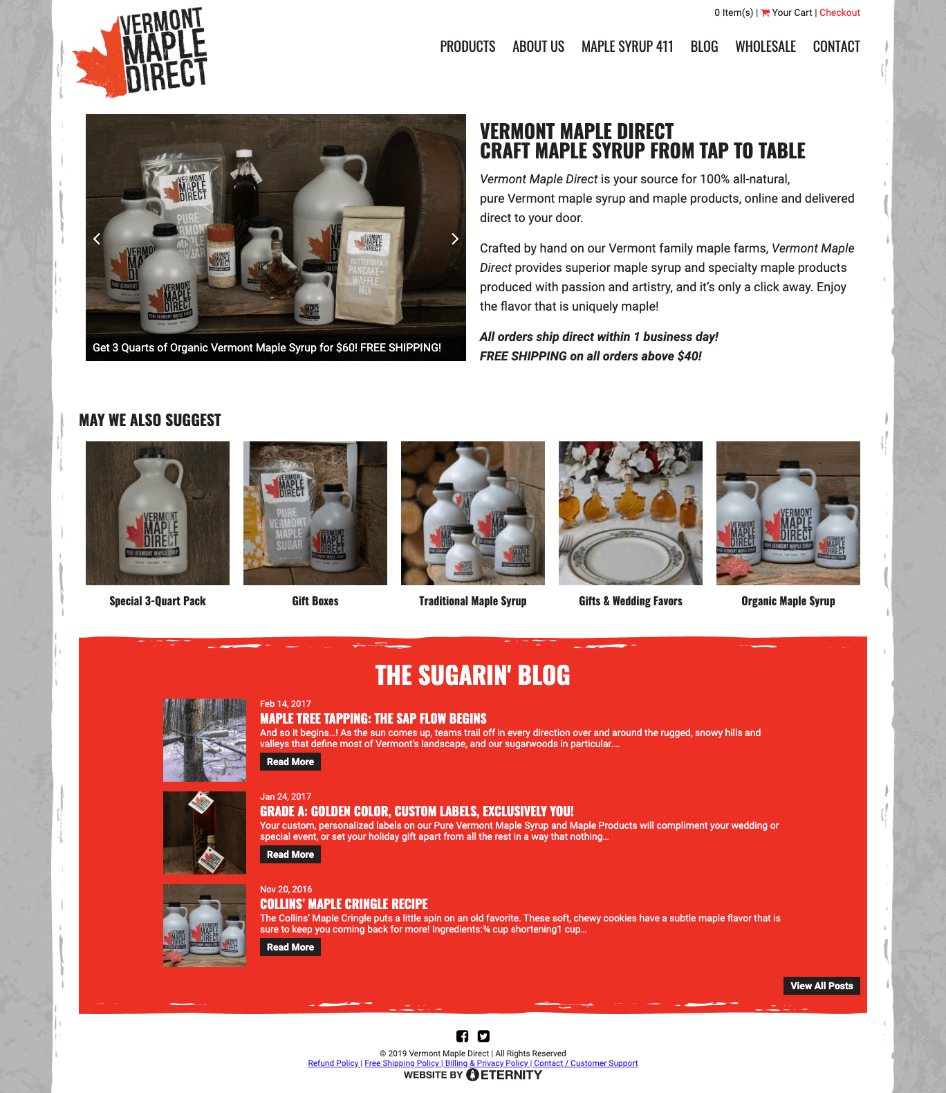 Vermont Maple Direct website showcasing maple syrup products and blog posts.