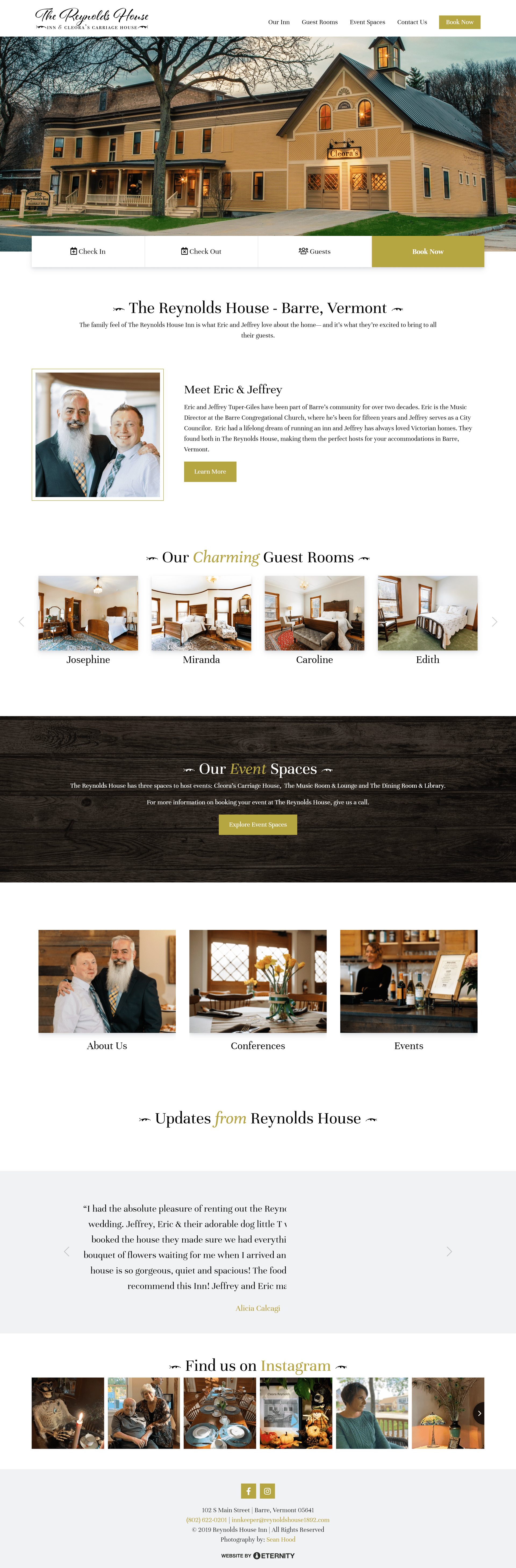 Website for The Reynolds House inn and event spaces in Barre, Vermont
