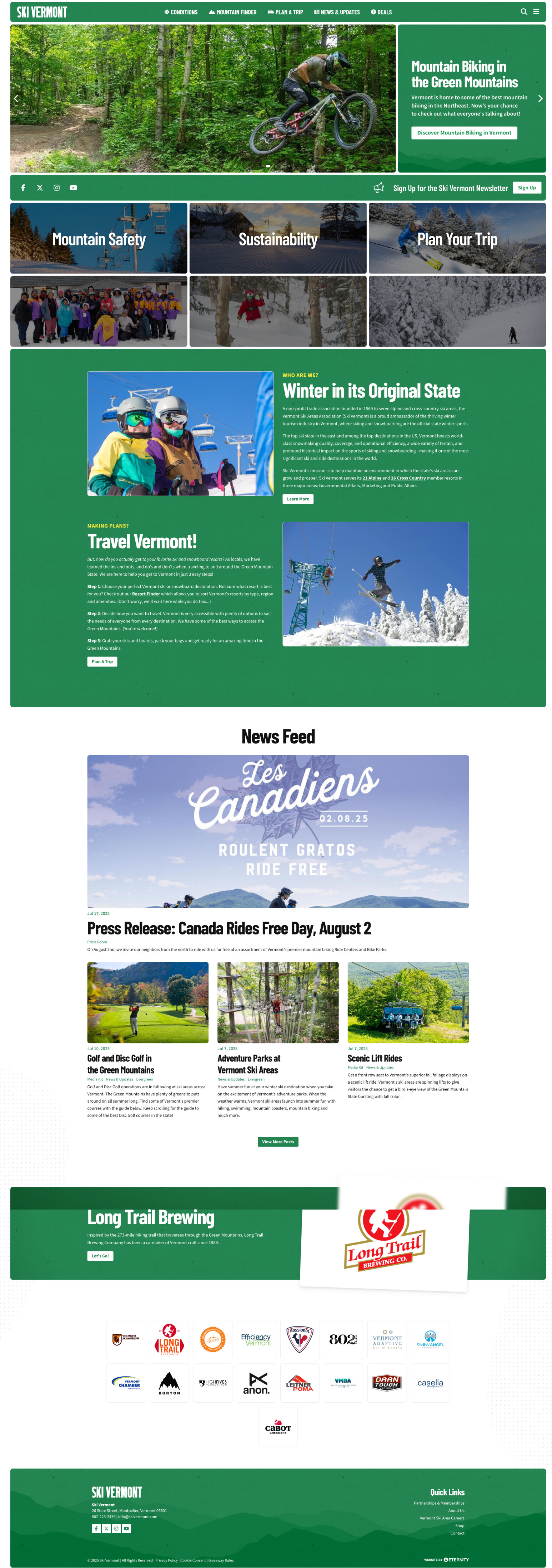 Ski Vermont website featuring biking, winter sports, and travel information.