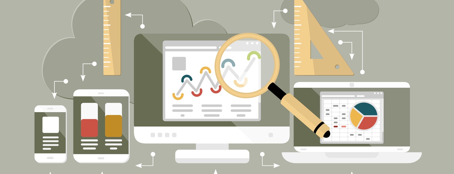 Digital devices displaying data analytics and graphs, with measuring tools in the background.