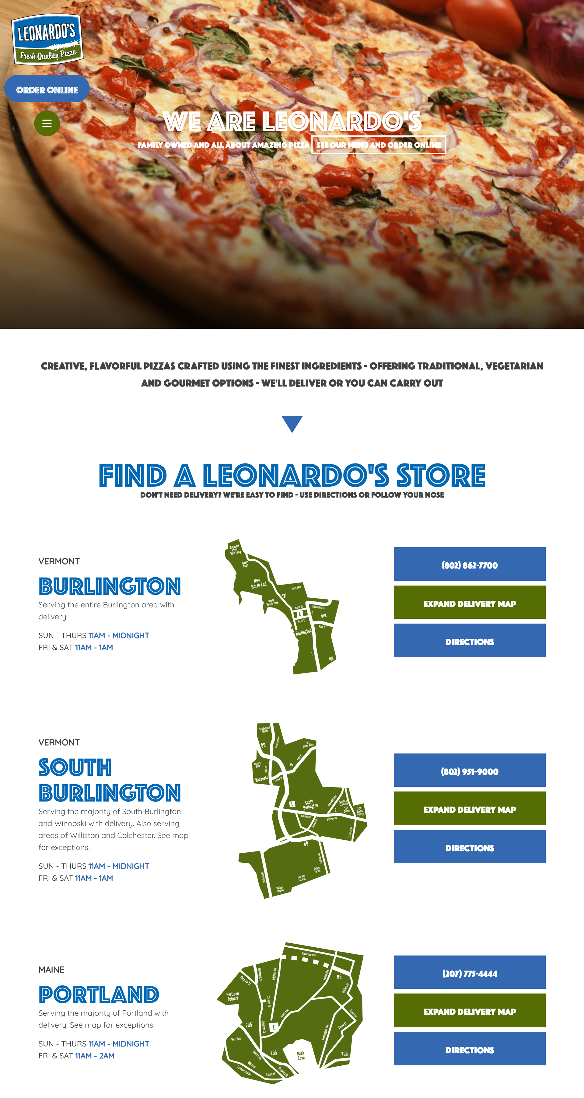 Leonardo's pizza website featuring location info, menu highlights, and ordering options.