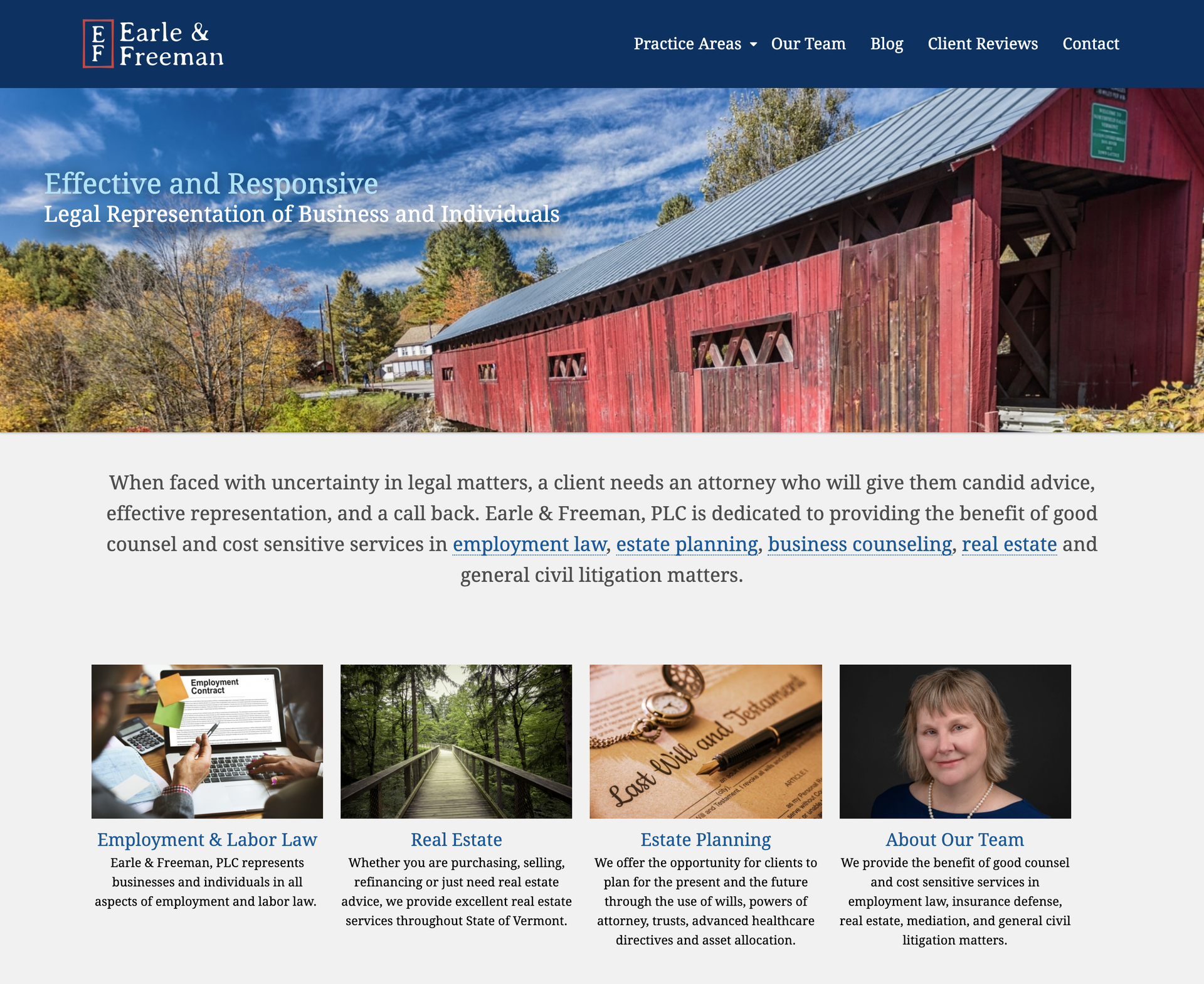 Website for Earle & Freeman, a law firm specializing in various legal services